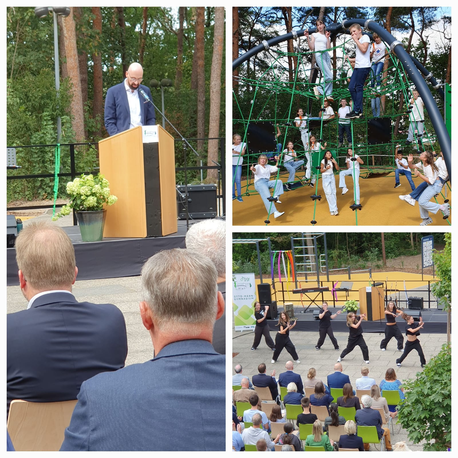 Bildcollage mit Eindrücken vom Festakt: Tanzact, Rede Viktor Bastian, Kinder auf Klettergerüst