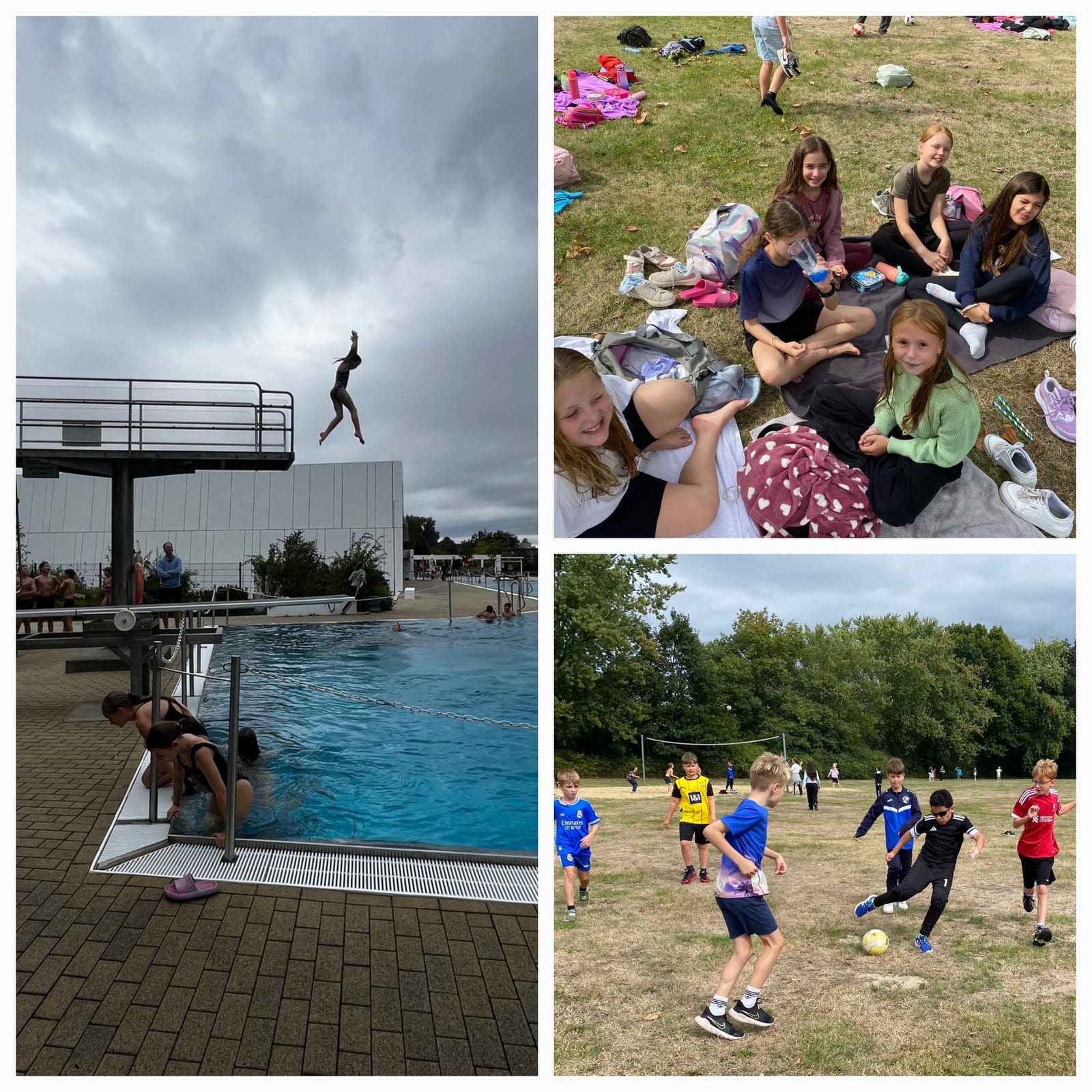 Kollage von verschiedenen Eindrücken des Schwimmfestes: Sprung vom Sprungturm, Picknick, Fußball spielende Jungen